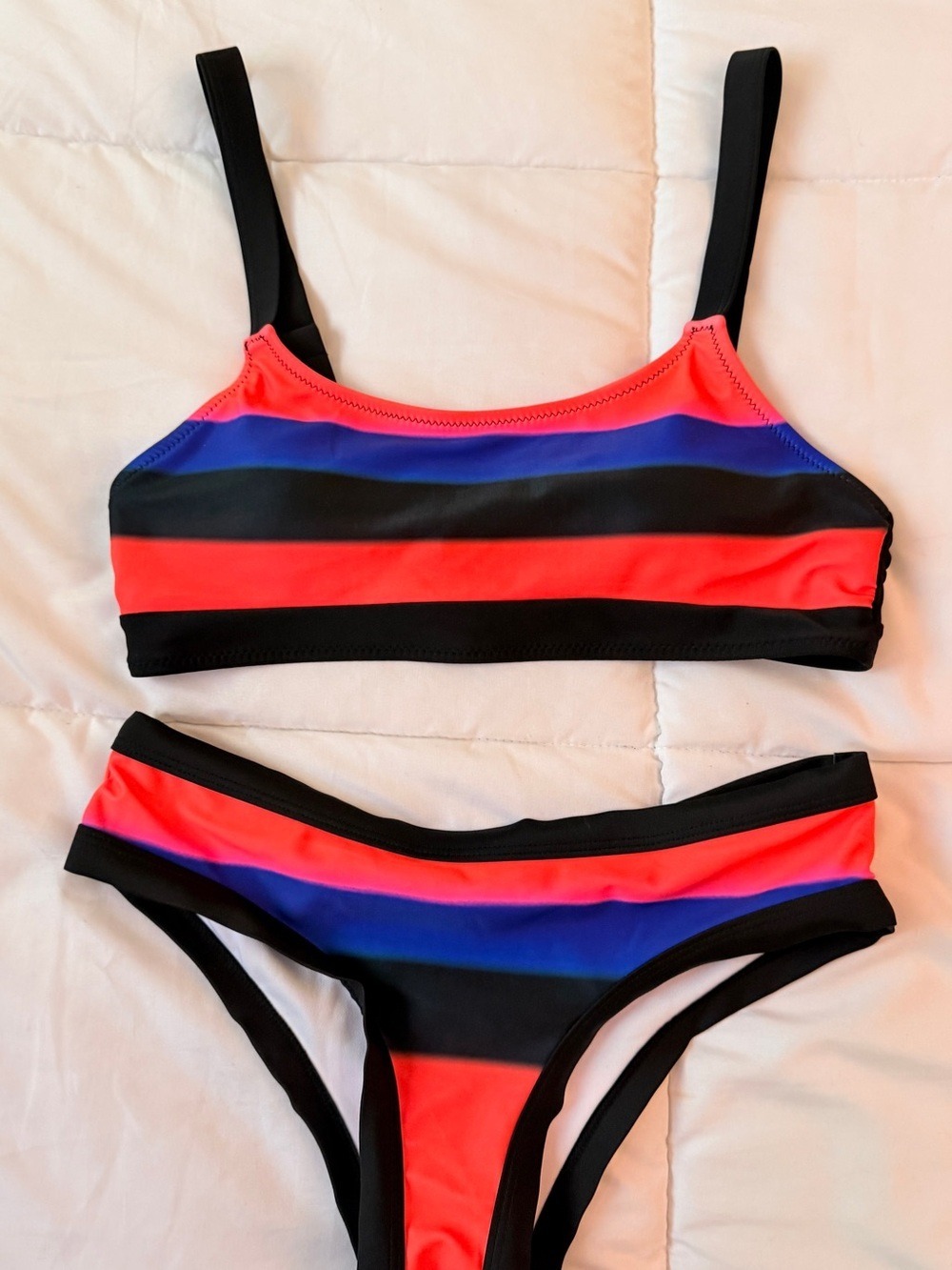 NWOT Striped Neon Coral & Black Bikini Set